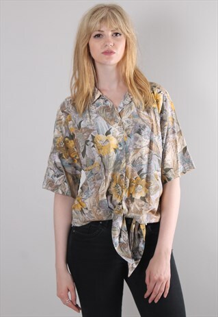 VINTAGE 80S FLORAL PATTERNED TIE SHIRT TOP