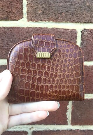 WOMENS VINTAGE PURSE PLASTIC BROWN FAUX LEATHER PATTERN BAG