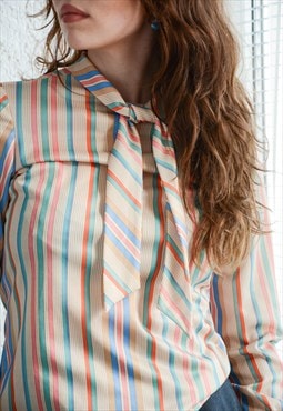 Vintage Bohemian Multicolour Striped High Collar Blouse