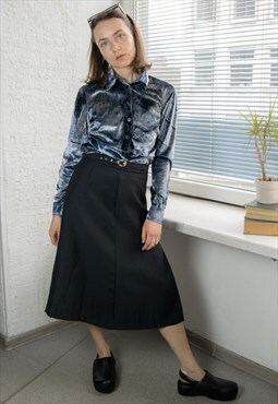 Vintage 70's Black High Waisted Midi Belted Skirt