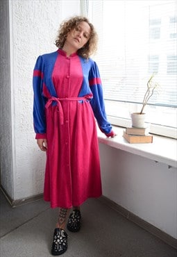 Vintage 80s Magenta Pink/Blue Long Sleeved Midi Velvet Dress