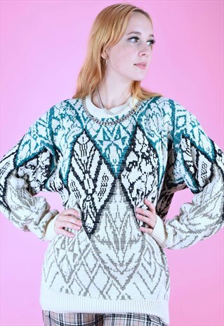 VINTAGE 90S KNIT JUMPER GEOMETRIC PATTERN BLUE WHITE