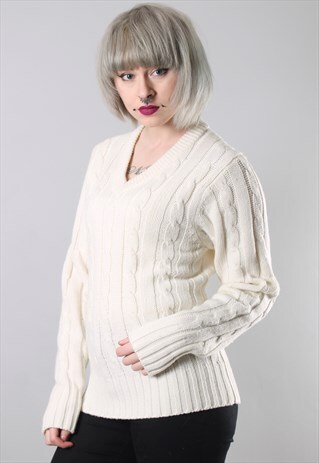 VINTAGE V NECK CABLE KNIT JUMPER SMALL