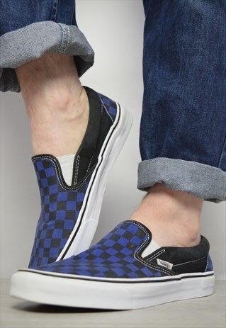 VINTAGE 90S VANS BLACK & BLUE CHECKERBOARD PRINT SKATE SHOES