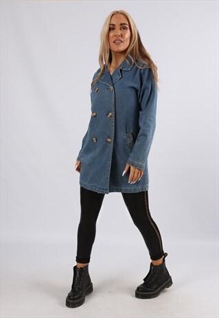 VINTAGE Y2K DENIM JACKET LONGLINE MID CHECKED UK 10 S (J51F)