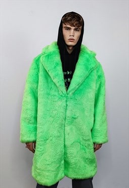 Neon faux fur longline coat shaggy trench rave jacket green