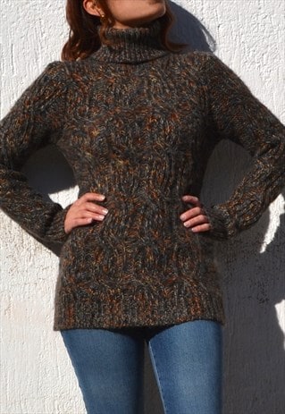 Multi color wool blend cable knit turtle neck long sweater