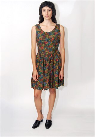 VINTAGE TIE DRESS (M) GREEN 90S CUTOUT CUT OUT MINI SKATER