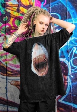 Shark print t-shirt jaw movie tee sea top in vintage black