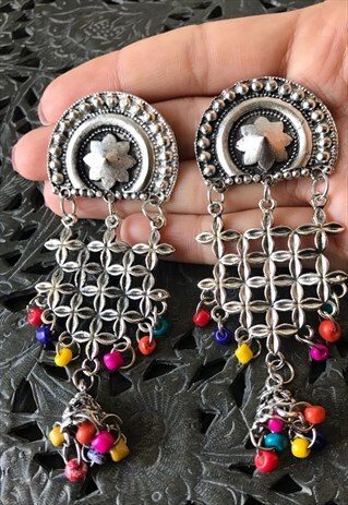 BOHEMIAN OVERSIED STATEMENT EARRINGS MULTICOLOUR BEAD SILVER