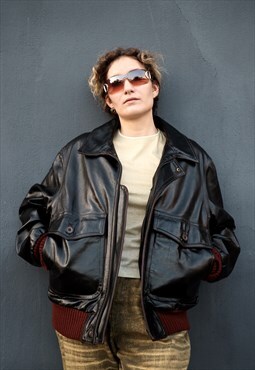 80s Vintage dark brown aviator bomber leather jacket