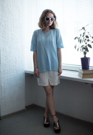 VINTAGE 80'S LIGHT BLUE KNITTED SHORT SLEEVED TOP