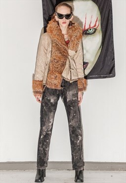 Vintage Y2K embroidered warm jacket with faux fur collar