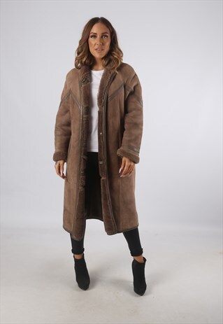 VINTAGE SHEEPSKIN SUEDE SHEARLING COAT LONG UK L 14 (9CA)