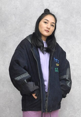 VTG 90S NAVY BLUE SUEDE AND LEATHER HOODED BOMBER JACKET
