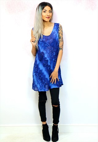 1990S VINTAGE BLUE FLORAL SEMI SHEER LONG LINE TUNIC BLOUSE
