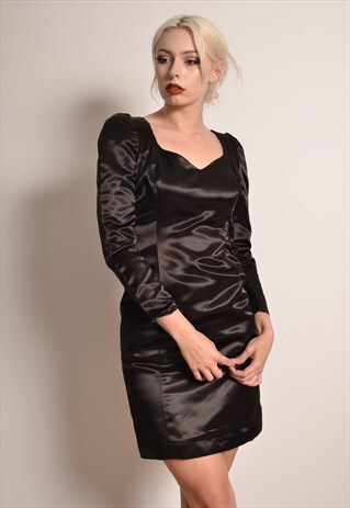 VINTAGE 80S BLACK SATIN FITTED PUFF SLEEVE DRESS