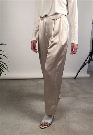 CREAM FLAP POCKET SATIN WIDE LEG TROUSERS