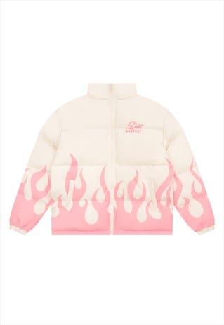 FLAME PRINT BOMBER FIRE GRAPHIC PUFFER JACKET IN CREAM PINK