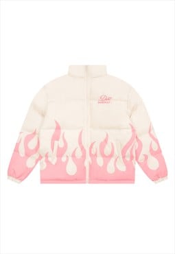 Flame print bomber fire graphic puffer jacket in cream pink