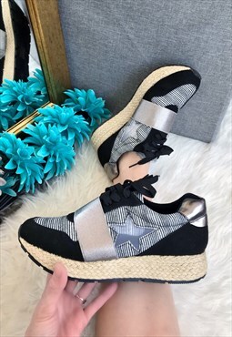 Black & Silver Star Chunky Espadrille Trainers