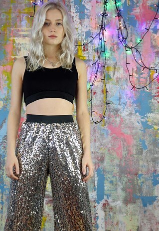 CROPPED LENGTH TROUSERS IN ALL OVER SILVER SEQUIN
