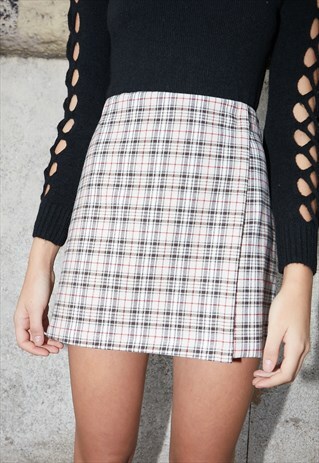 WRAP SKIRT IN CHECKERED PATTERN - BEIGE, BROWN, RED, WHITE