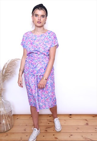 VINTAGE 80S LILAC FLORAL CO-ORD SKIRT TOP