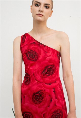 VINTAGE RED ROSE ASYMMETRICAL MIDI SUMMER ONE SHOULDER DRESS