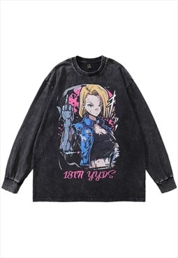 Android 18 t-shirt vintage wash top Dragon ball Z long tee