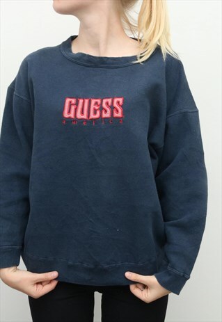 GUESS - BLUE SPELLOUT EMBROIDERED SWEATSHIRT - MEDIUM
