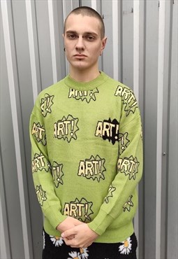 Art slogan knitwear sweater cartoon knitted jumper in green
