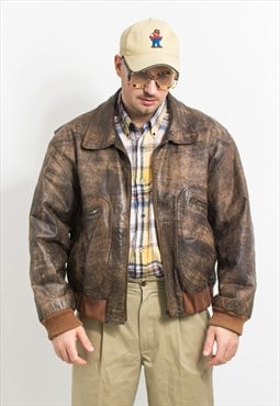 Vintage leather bomber jacket aviator in distressed brown XL