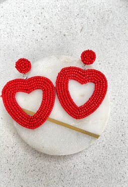 Gold Red Beaded Heart Hoop Circle Earrings