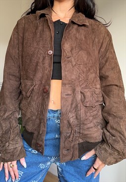 Vintage 90s Dark Brown Suede Leather Bomber Jacket