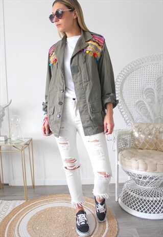VINTAGE KHAKI JACKET MILITARY ETHNIC EMBROIDERY