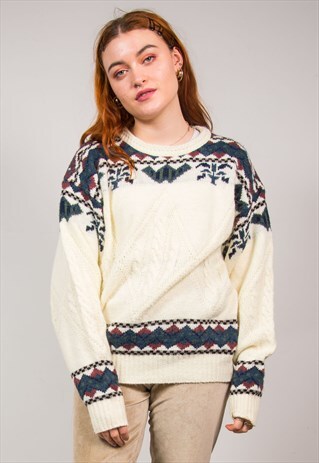 VINTAGE 90'S WHITE FAIRISLE PATTERN KNIT JUMPER