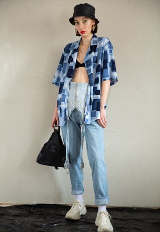 80S VINTAGE BLUE PATTERNED SHIRT. UNISEX