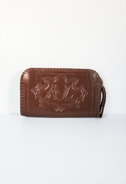 Vintage Tooled Leather Wristlet Bag, Brown Leather Bag
