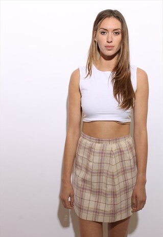 VINTAGE 1960'S 60'S PLAID PASTEL MINI SKIRT LINEN COTTON S-M
