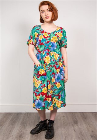 VINTAGE 90'S MULTICOLOUR FLORAL MIDI DRESS