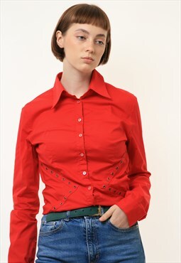 Versace Red Long Sleeve Shirt Buttons Up Blouse 4483