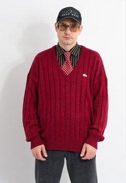 Lacoste vintage V neck sweater burgundy red preppy sweater