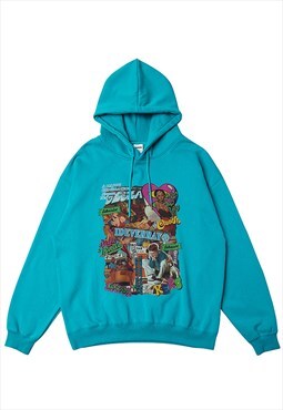 Y2K print hoodie skater print pullover retro jumper in blue