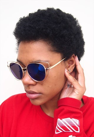 REFLECTIVE BLUE LENS GOLD FRAME CAT EYE SUNGLASSES