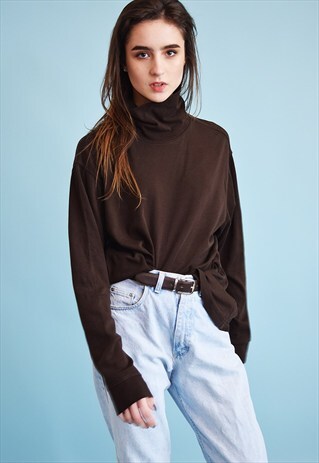 90'S RETRO MINIMALIST CHOCOLATE BROWN TURTLENECK JUMPER TOP