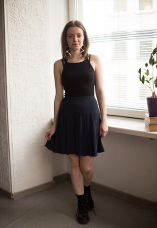 VINTAGE 90'S NAVY WOOL PLEATED MINI SKIRT