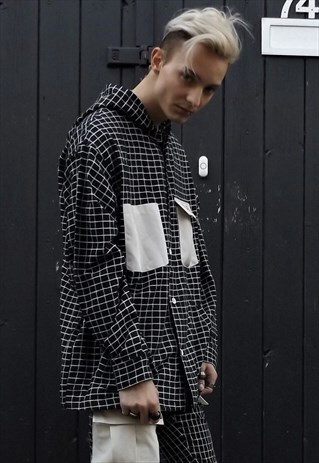 LOOSE FIT OVERSIZE HOODED PLAID CHECK SHIRT JACKET IN BLACK