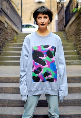GREY OVERSIZED COLOURFUL PAINT PANEL JUMPER