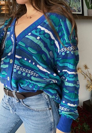 VINTAGE 80S COLORFUL ABSTRACT KNIT OVERSIZED CARDIGAN JUMPER